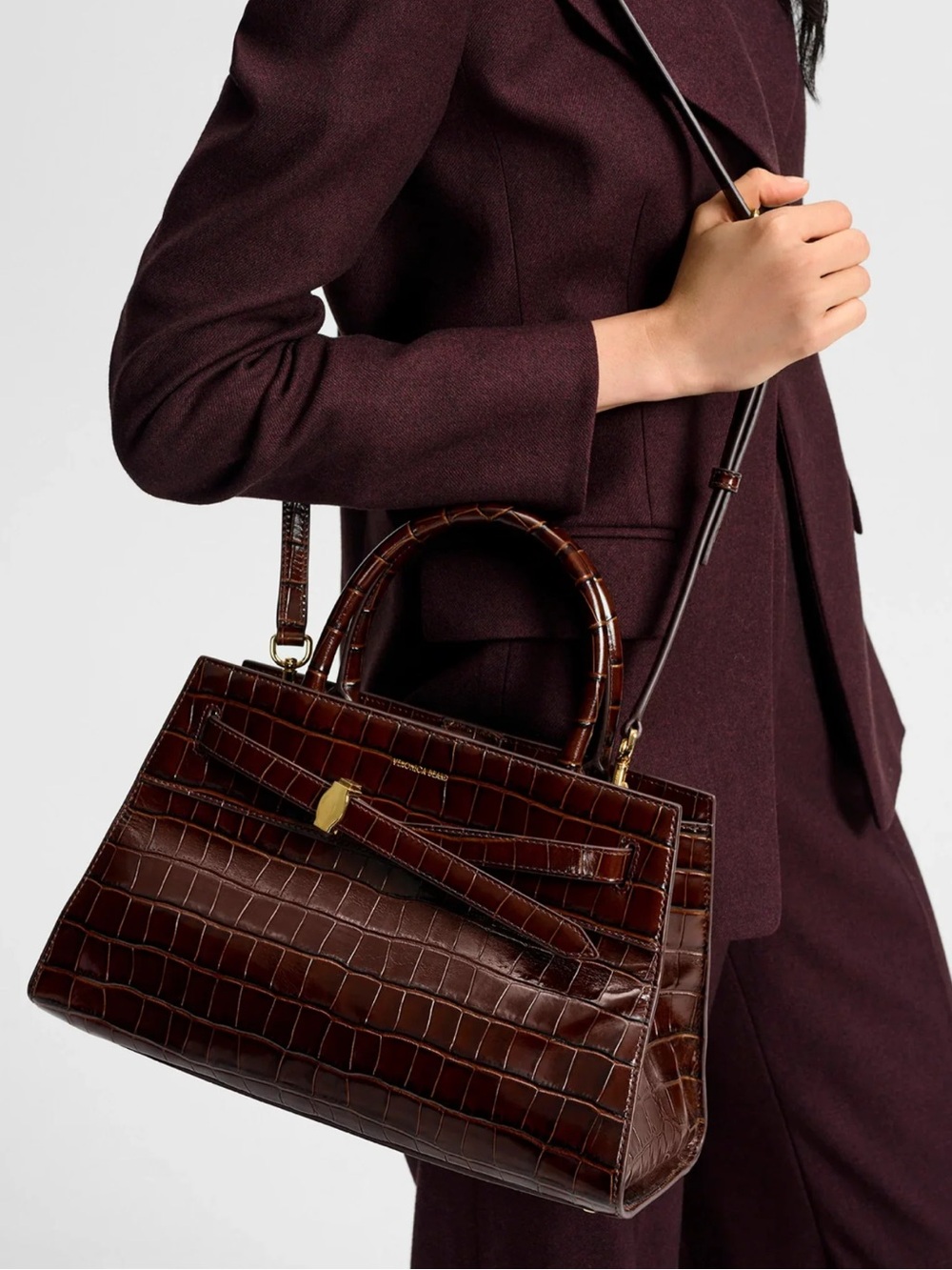 Veronica Beard Dash Bag Croc-Embossed Leather  Structured  Chestnut Medium - Picture 8 of 9
